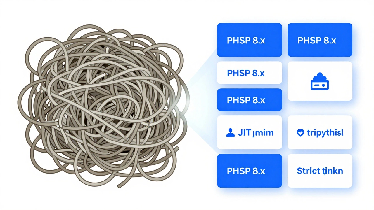 Contrast between messy legacy code and sleek, modern modular programming structures