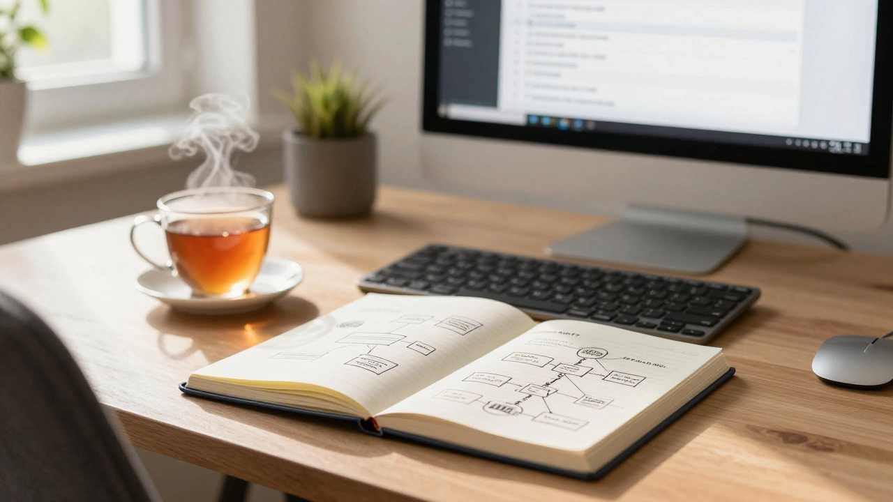 Cozy workspace with coding notes and a laptop showing a beginner web project