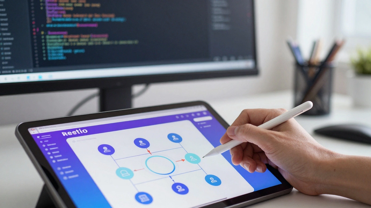 Designer working on tablet wireframes with code visible in background