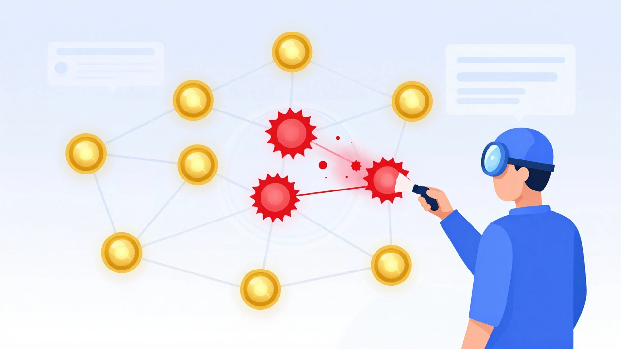 Developer auditing a network, removing red toxic link nodes