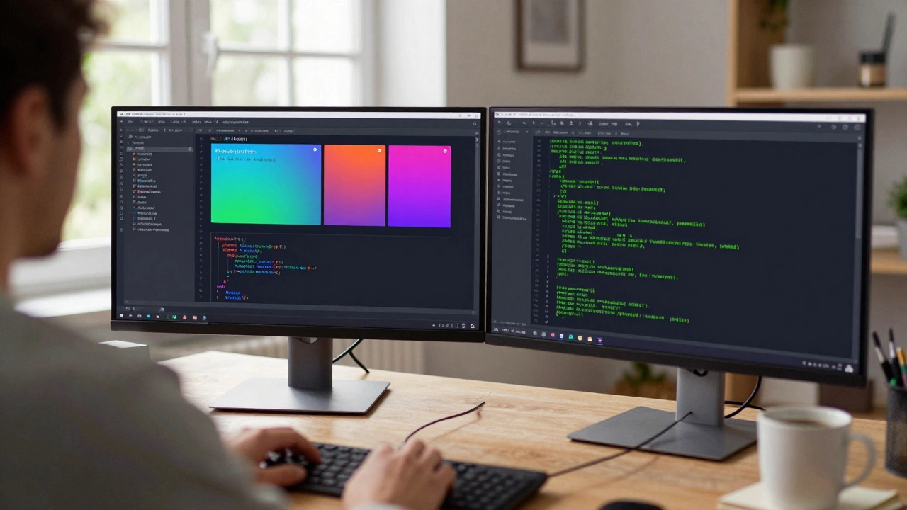 Developer desk with monitors showing colorful UI code on one side and a dark terminal on the other.