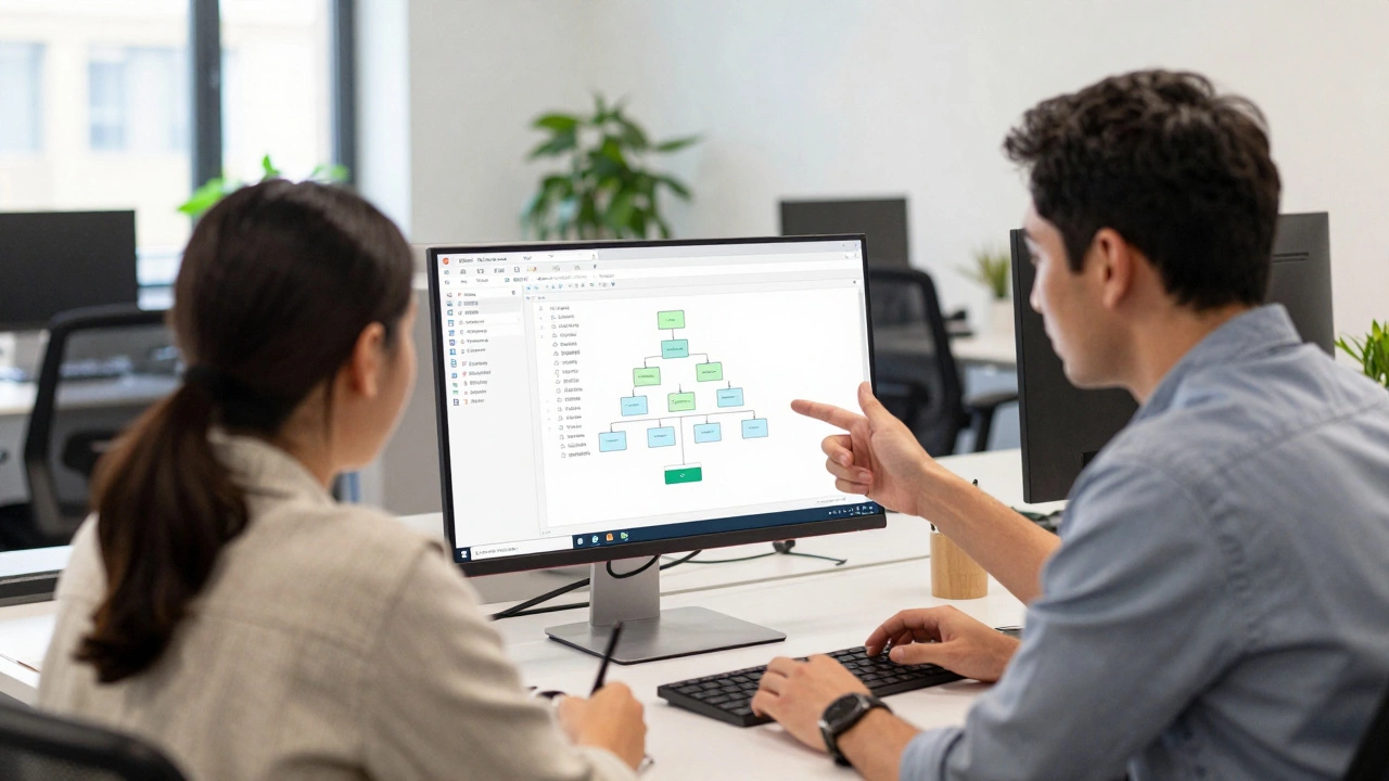 Developers collaborating in a modern office reviewing organized project structure