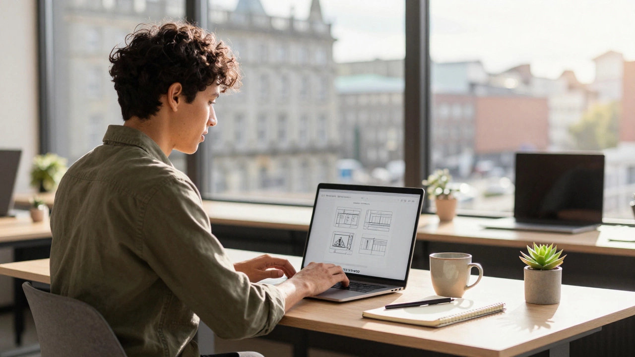 Freelancer working on laptop in sunny Dublin co-working space