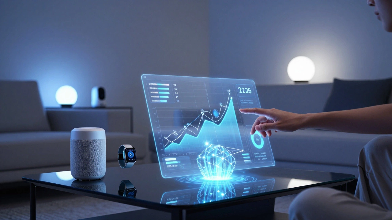 Futuristic living room with holographic smart home device interfaces and sleek electronics.