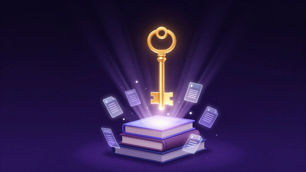 Glowing golden key floating above holographic digital files