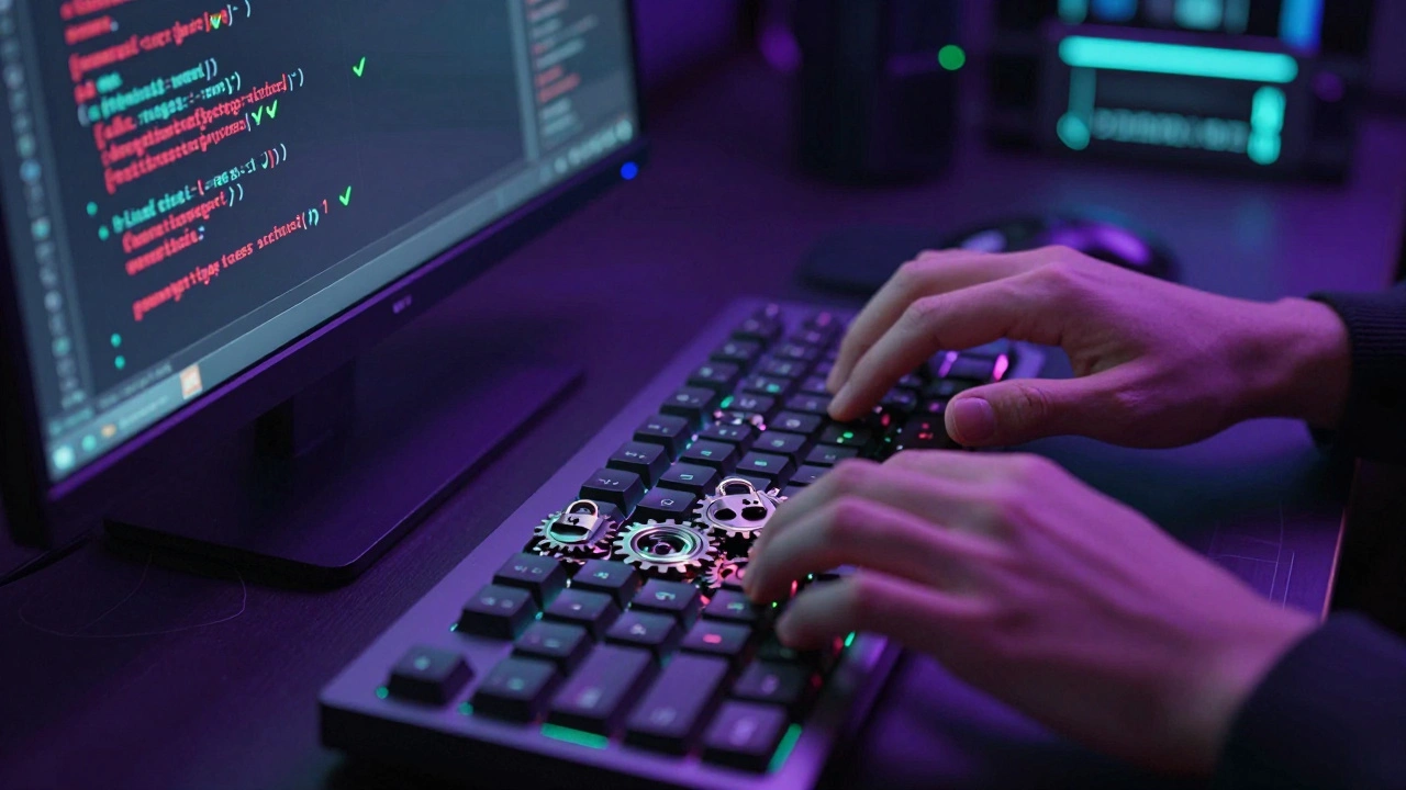 Hands coding with TypeScript safety symbols and neon lights