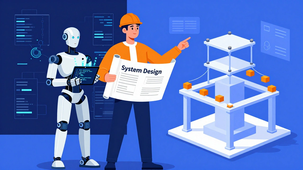 Human architect guiding AI robot in building software infrastructure