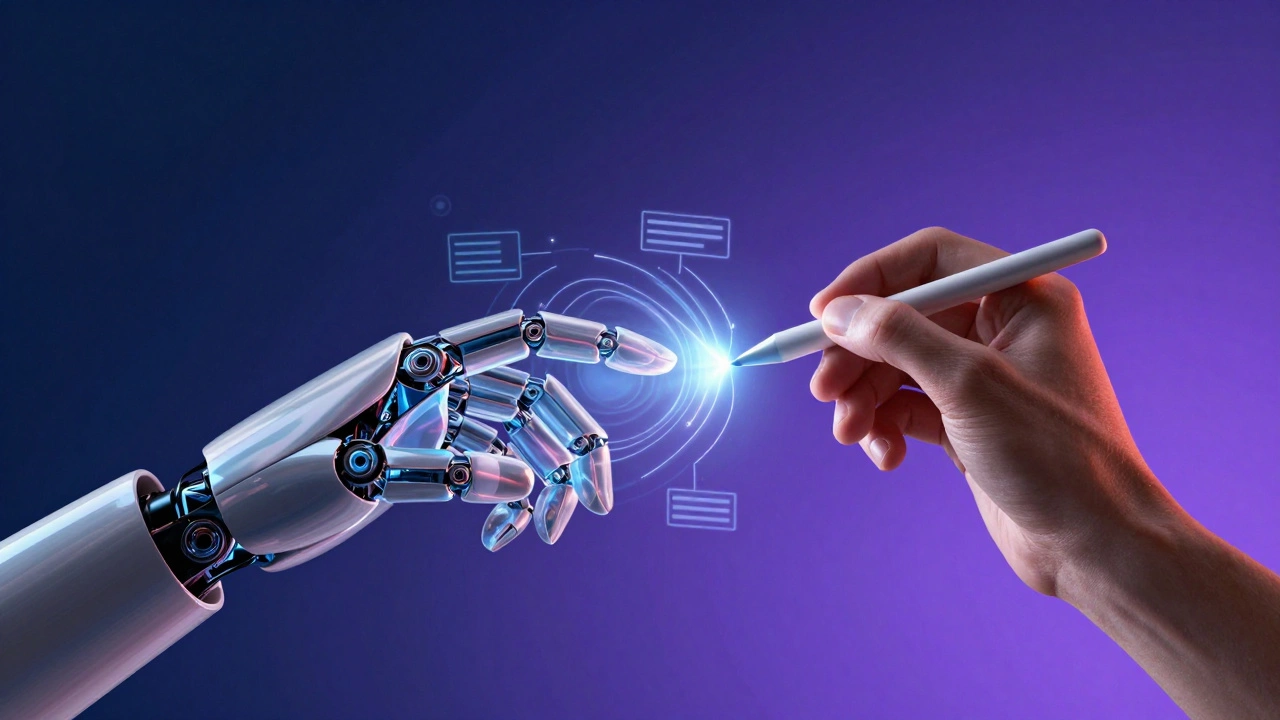 Human hand and AI robot hand merging, symbolizing collaboration in modern UX design workflows.