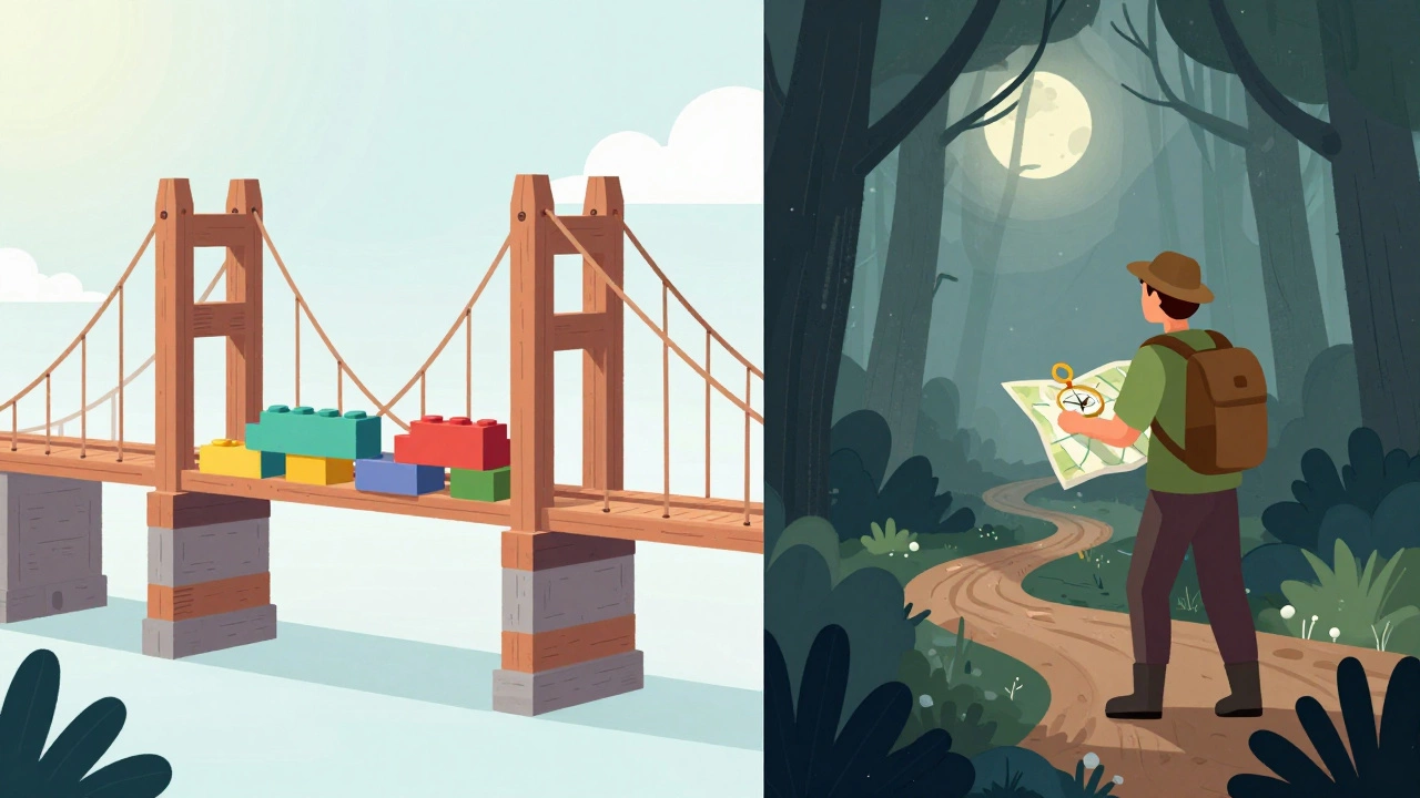 Illustration contrasting building structures with exploring unknown terrain