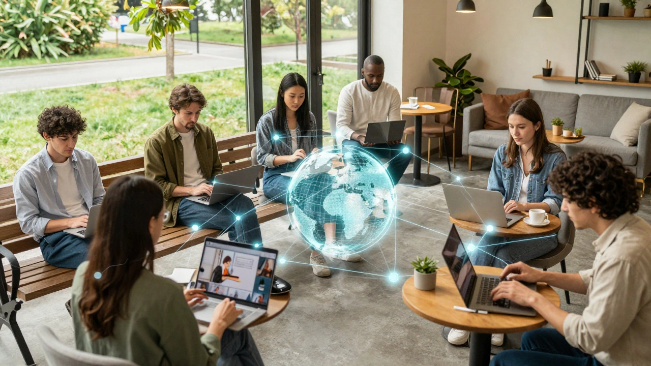 People working remotely connected by glowing digital network