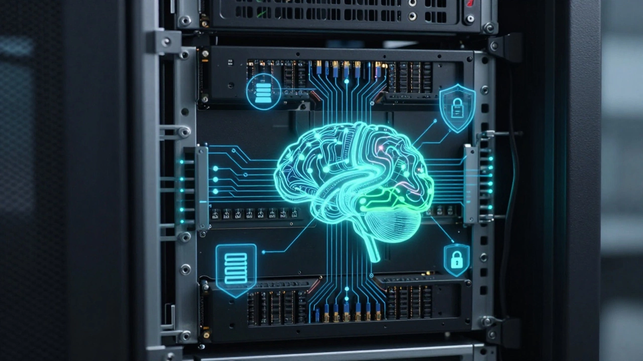 Server rack interior visualized as glowing data streams and neural networks, representing Python backend power.