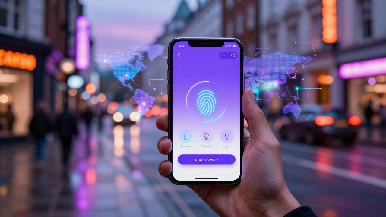 Smartphone displaying a fast mobile checkout interface against a blurred neon city street background.
