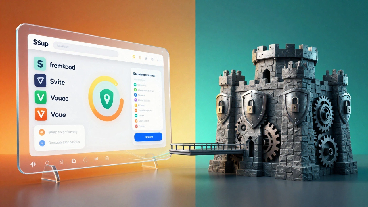 Split image contrasting sleek frontend interfaces with robust backend security structures.