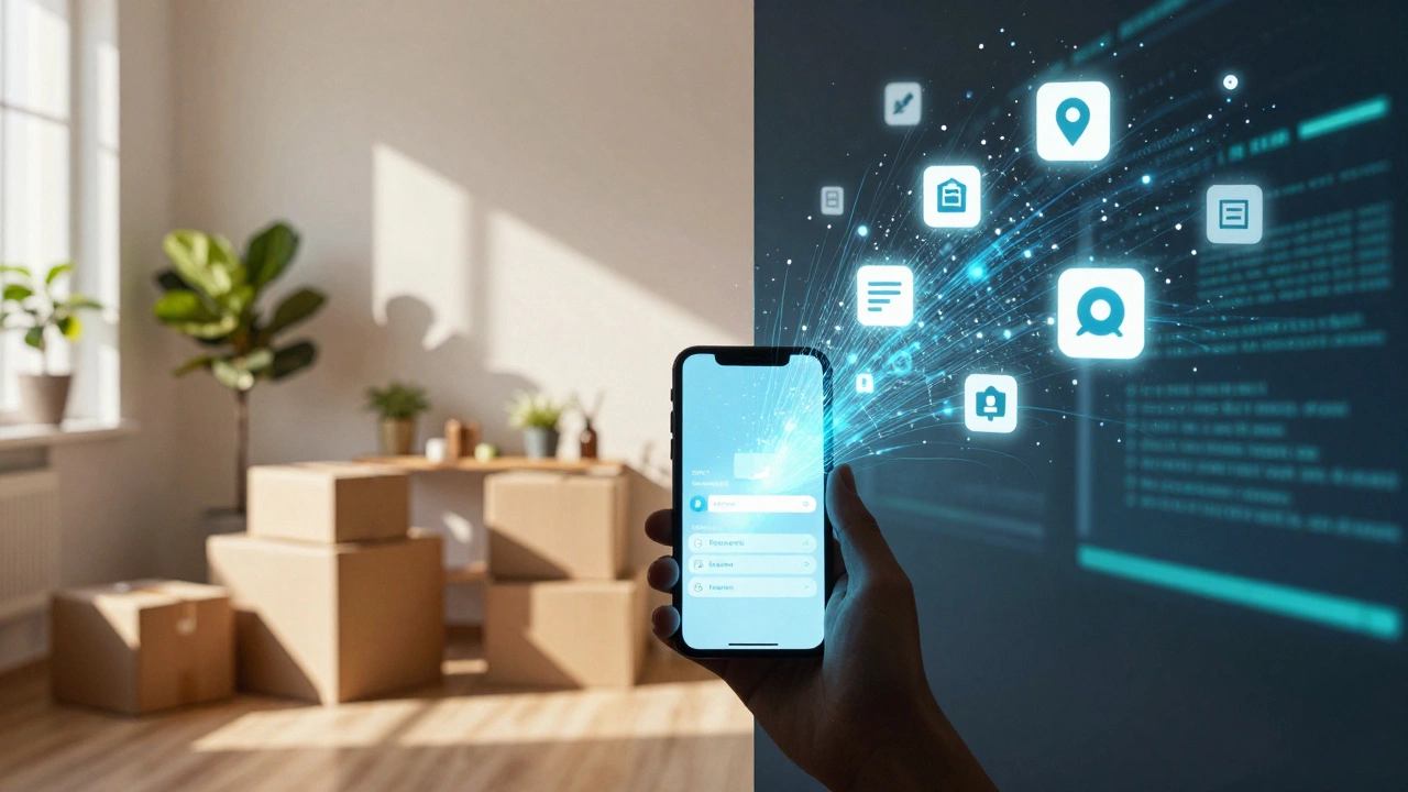 Split image showing home decor packages on one side and abstract digital data streams on the other.