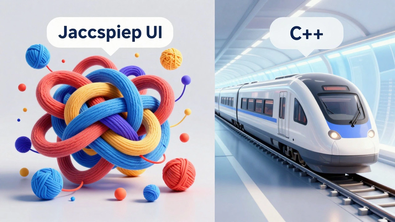 Split scene comparing JS complexity with C++ performance speed