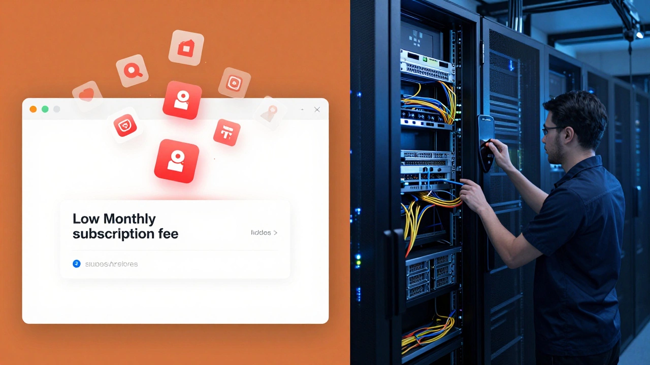 Split view comparing app-heavy hosted costs versus self-hosted server management responsibilities.