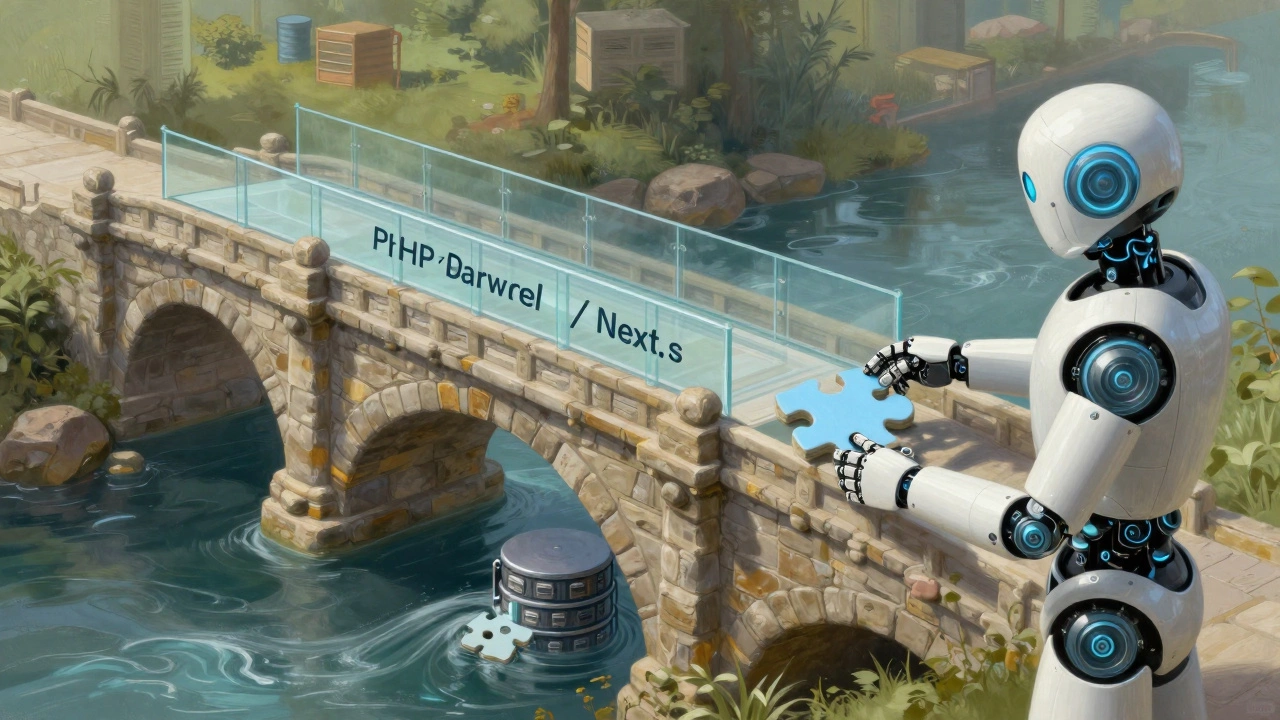 Stone bridge supporting a glass walkway, symbolizing stable backend and dynamic frontend