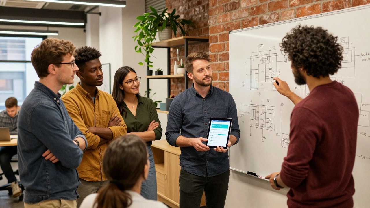 Tech team collaborating on web architecture in a modern British office space.