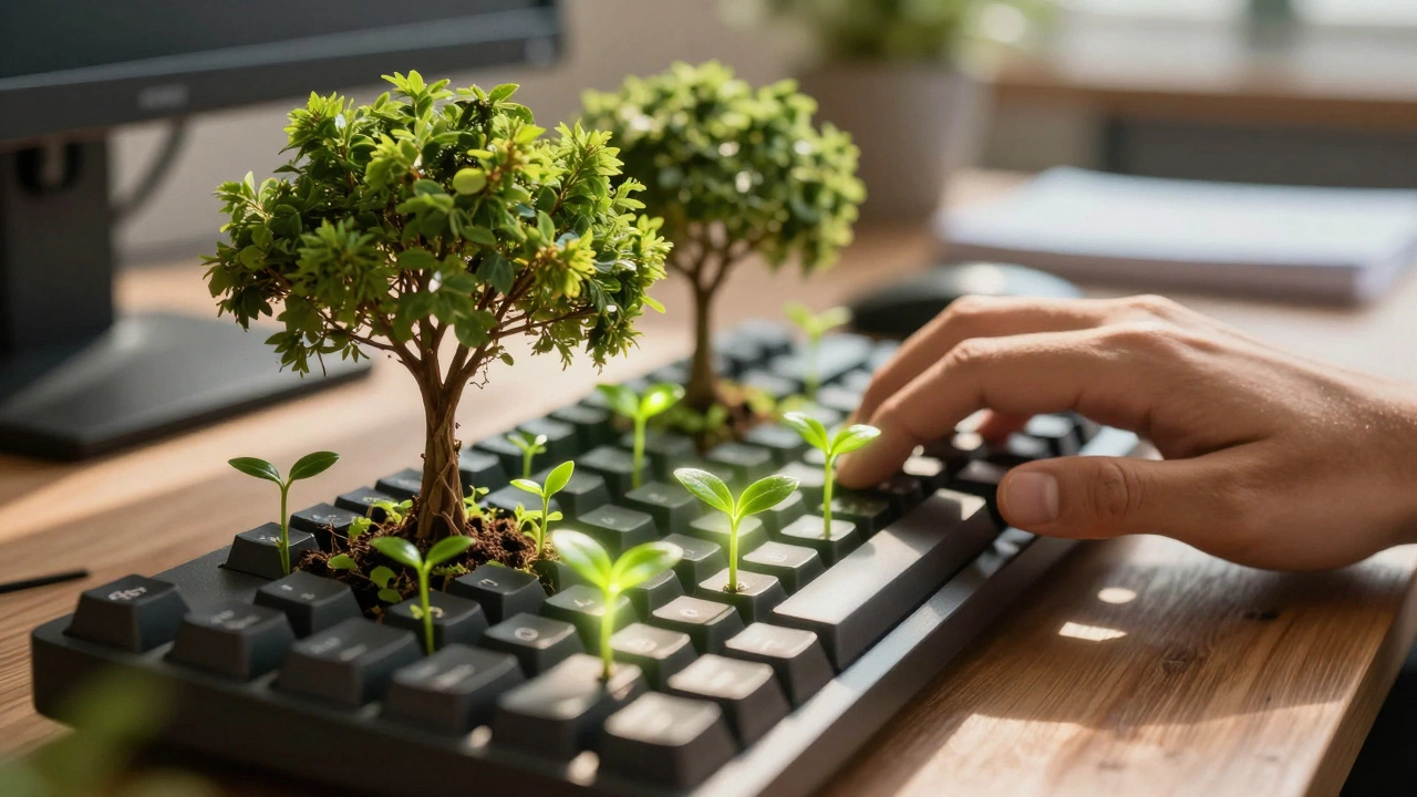 Trees growing from a keyboard to symbolize eco-search