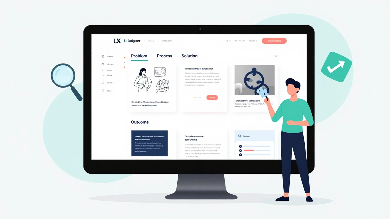 UX designer presenting a structured portfolio case study on a monitor with skill icons.
