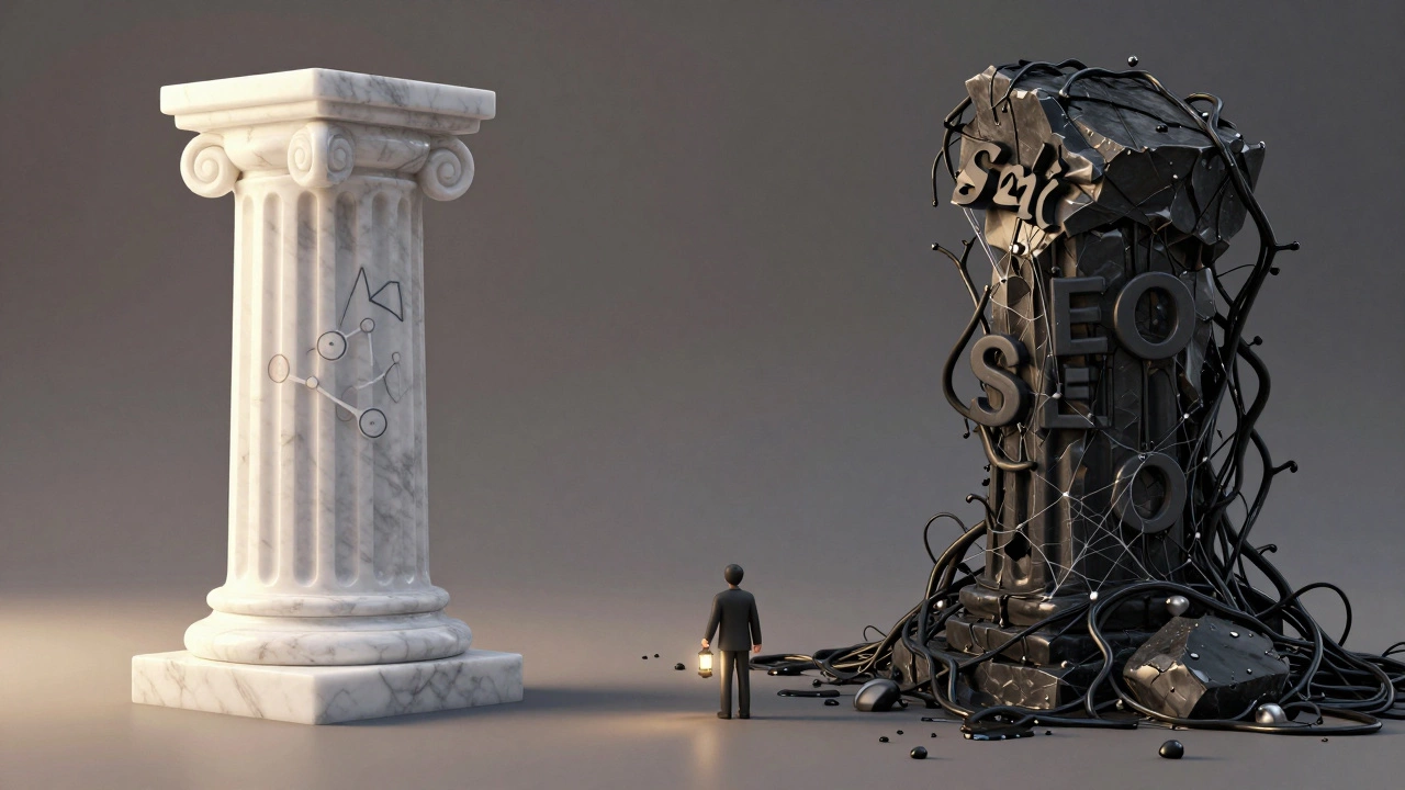 White marble pillar vs dark crumbling structure representing SEO ethics