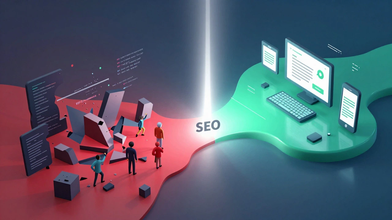 3D comparison of chaotic non-responsive vs smooth responsive web design concepts