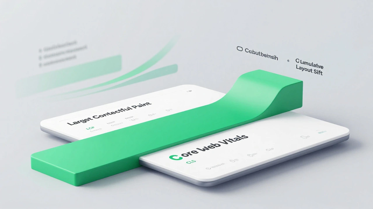 3D visualization of fast loading website metrics and stable layout performance.