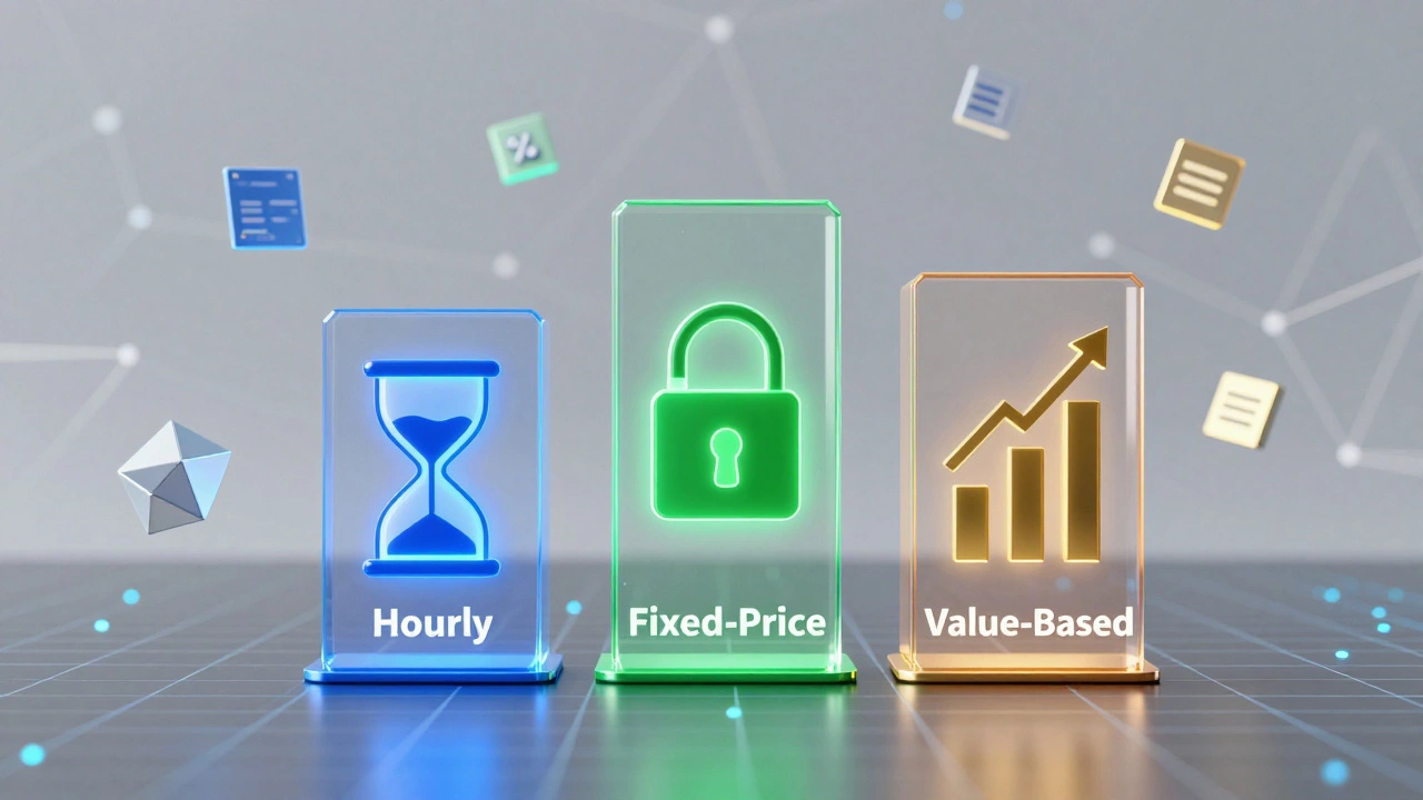 Abstract 3D graphic showing three web design pricing models: hourly, fixed, and value-based.