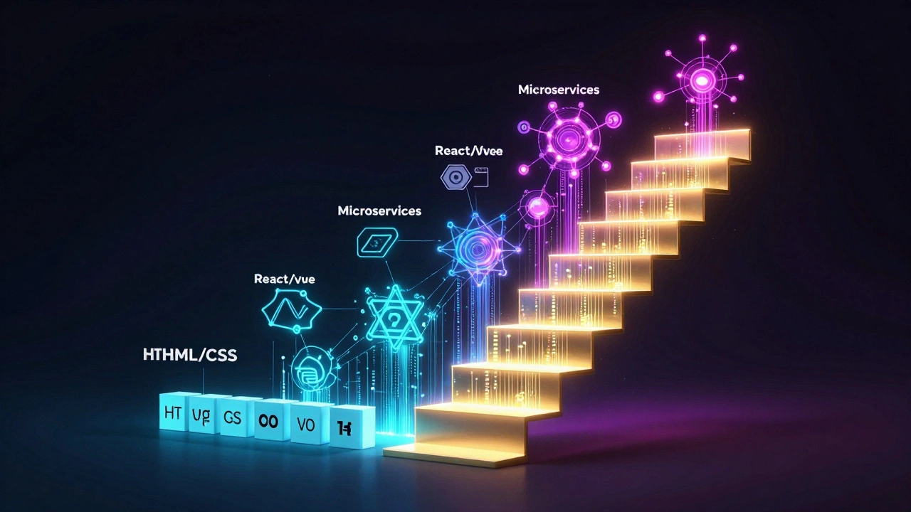 Abstract staircase of code blocks representing salary growth levels