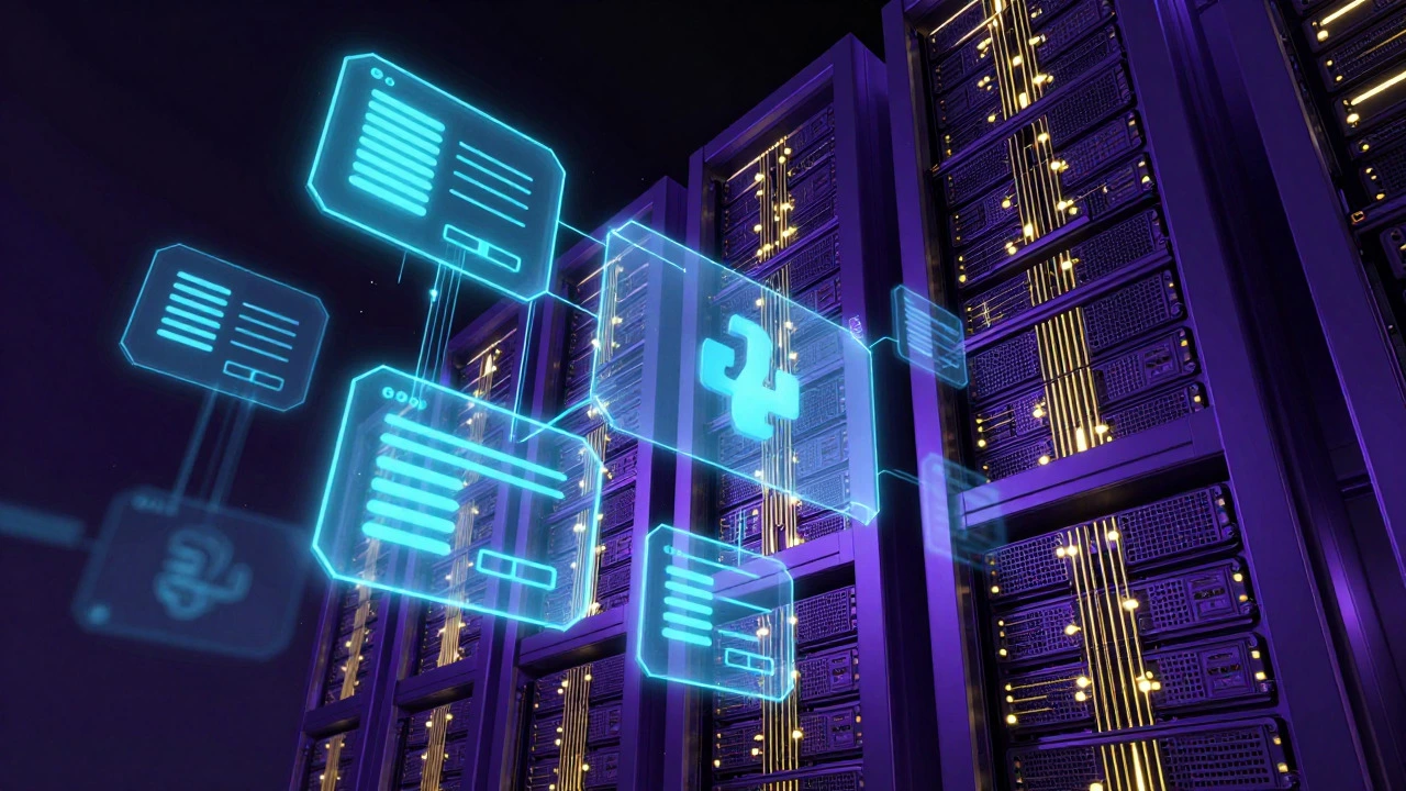 Abstract visualization of JavaScript UI elements connecting to Python backend server infrastructure.