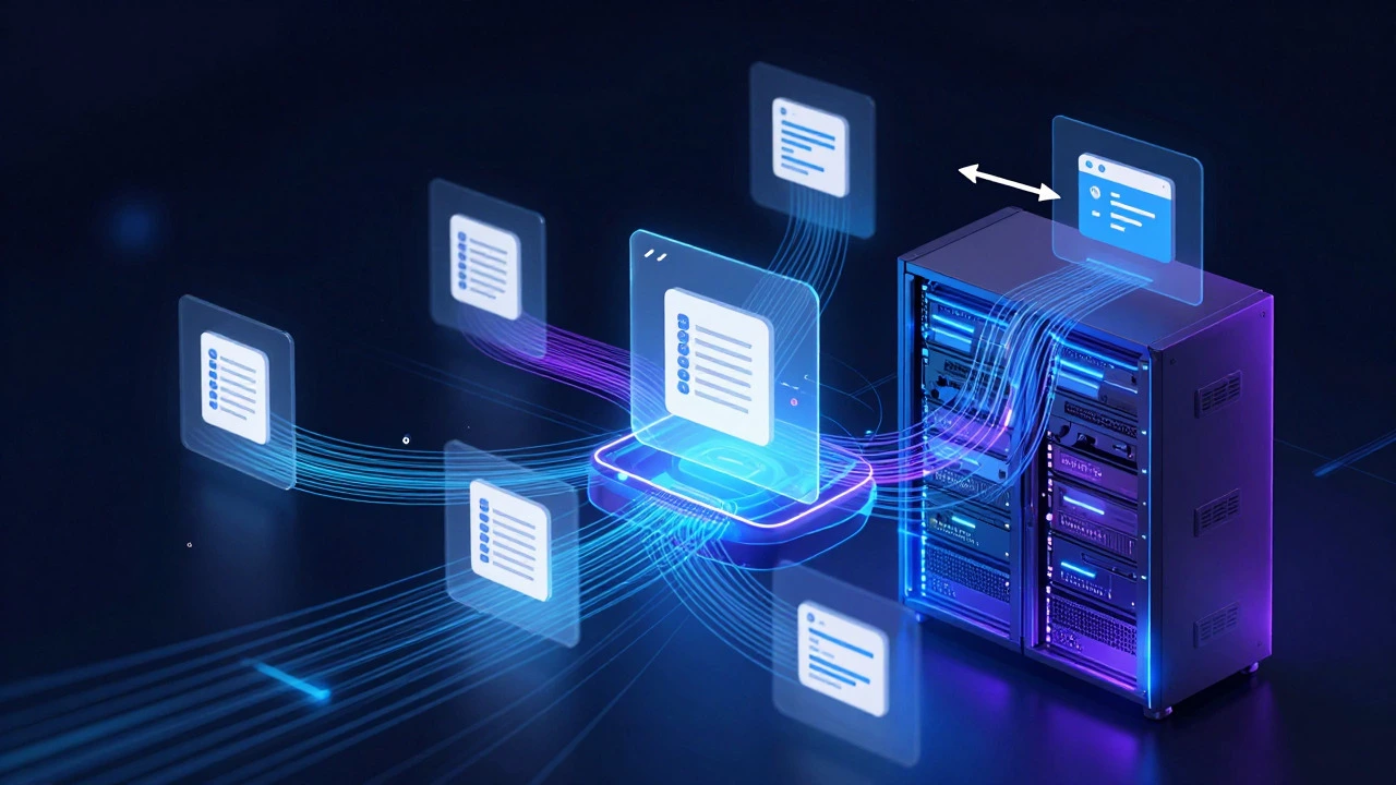 Abstract visualization of server racks and database connections