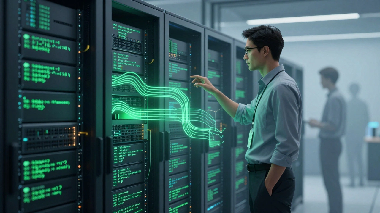 Calm engineer managing stable server infrastructure and data flows