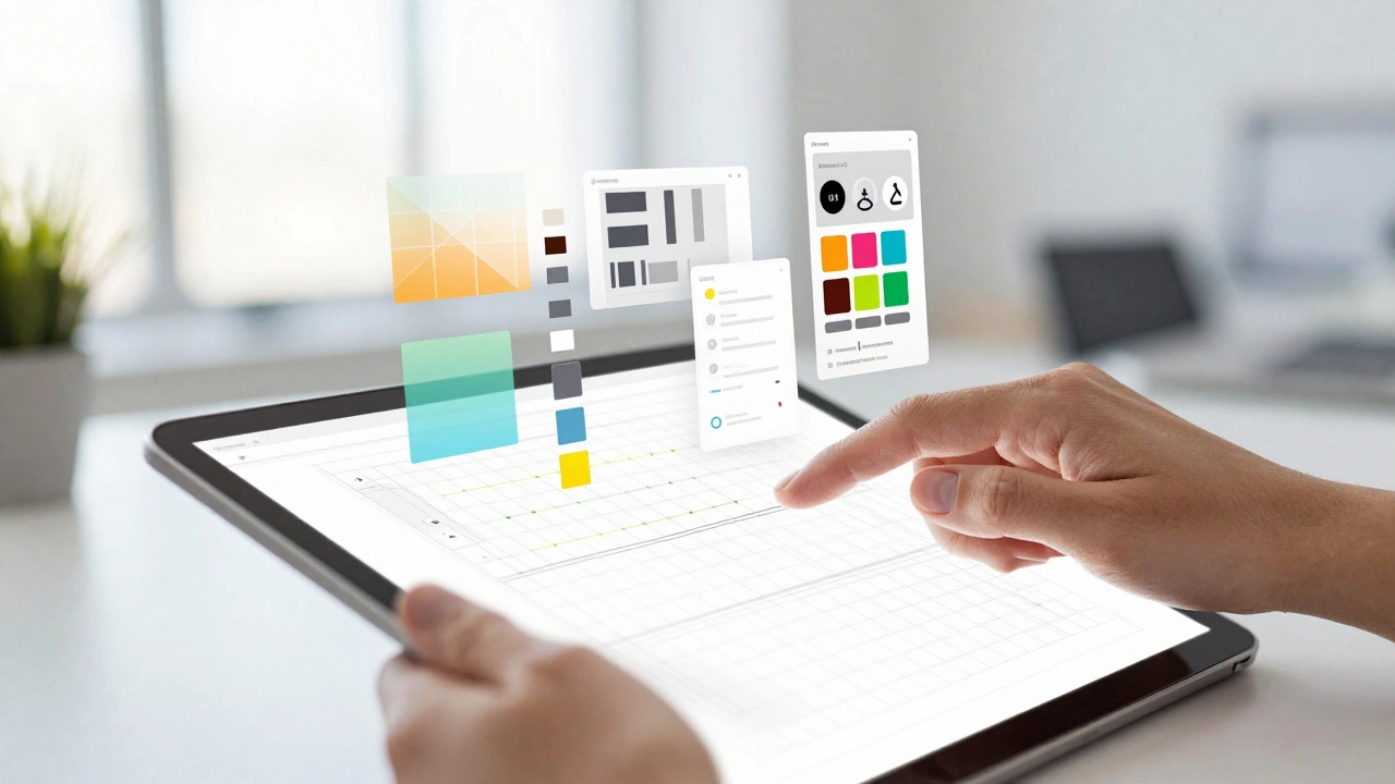 Designer creating UI with floating grid and color tools