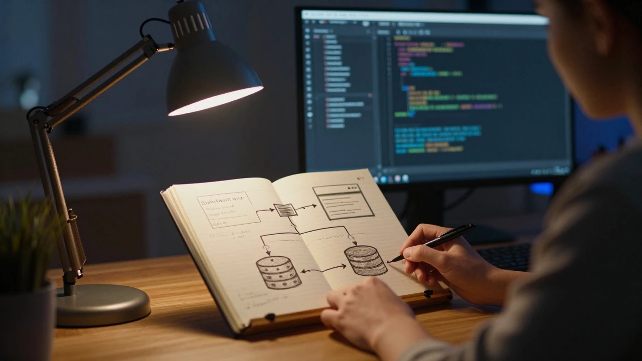 Desk lamp illuminating a diagram of web data flow from form to database.