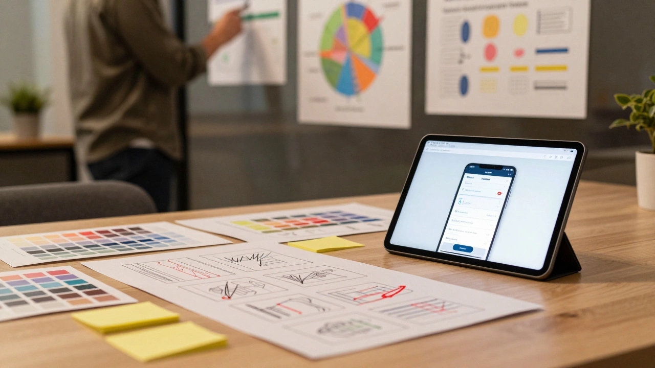 Desk showing design iteration process with sketches and final mockups