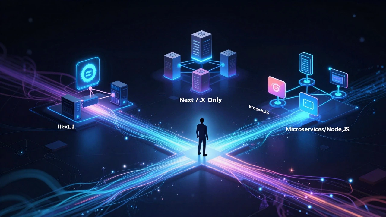 Developer choosing between different web architecture paths in digital space