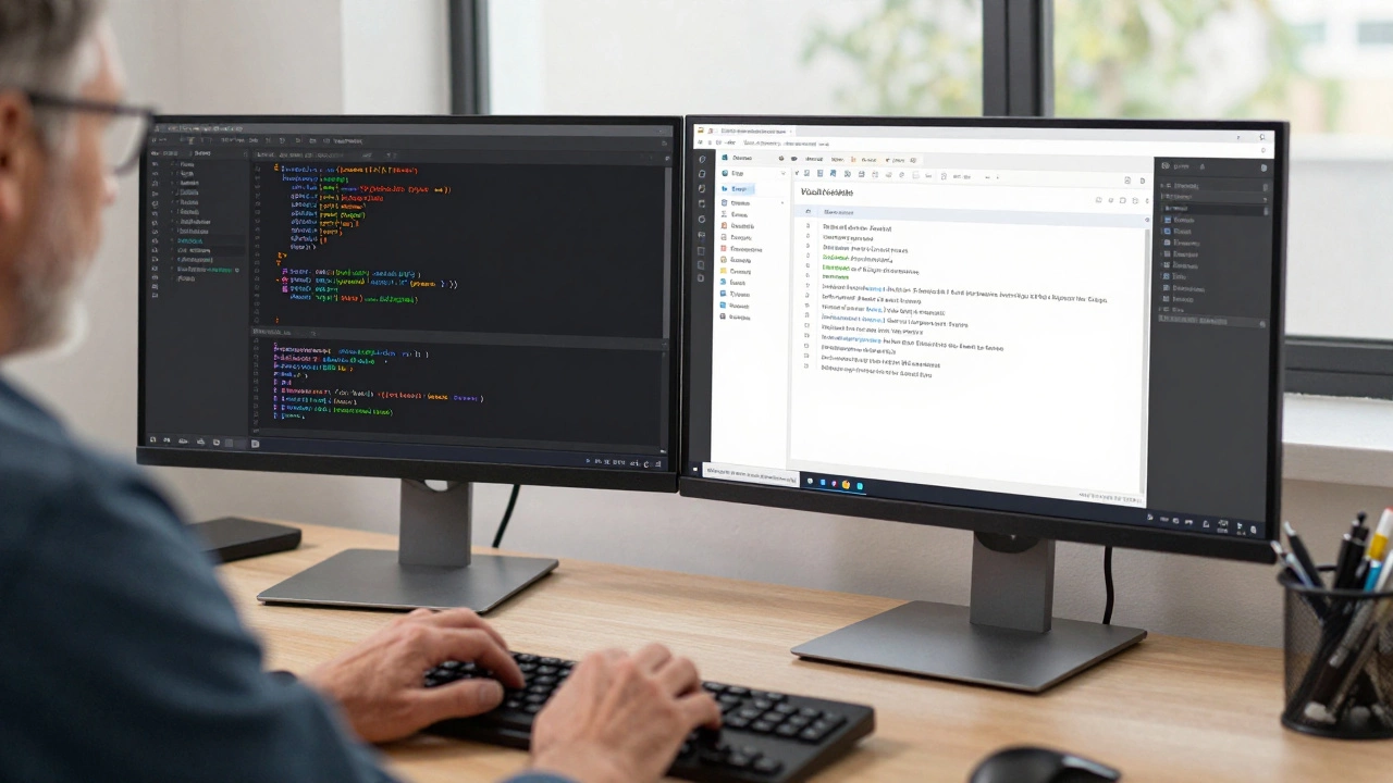 Developer using VS Code and Visual Studio simultaneously on dual monitors