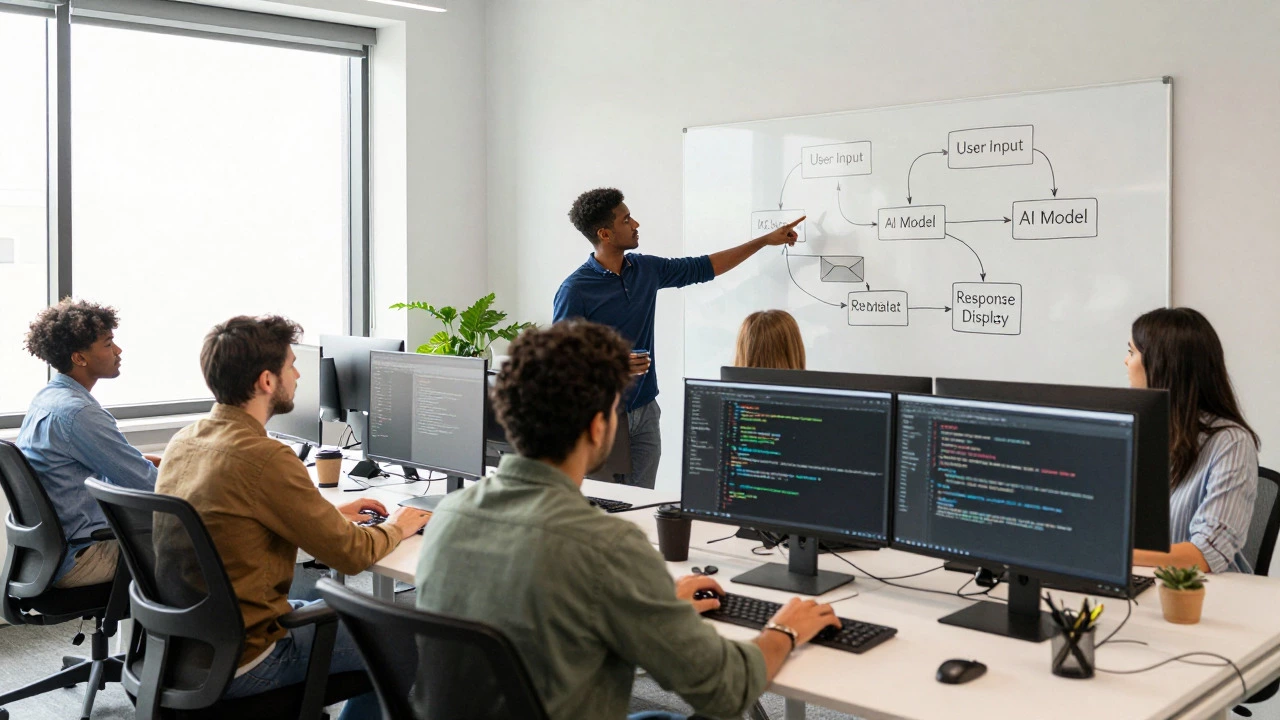 Developers collaborating in a modern office, discussing full-stack architecture on a whiteboard.