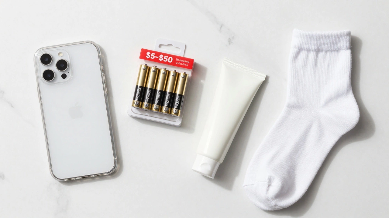 Flat lay of popular online retail items including phone cases, batteries, and skincare
