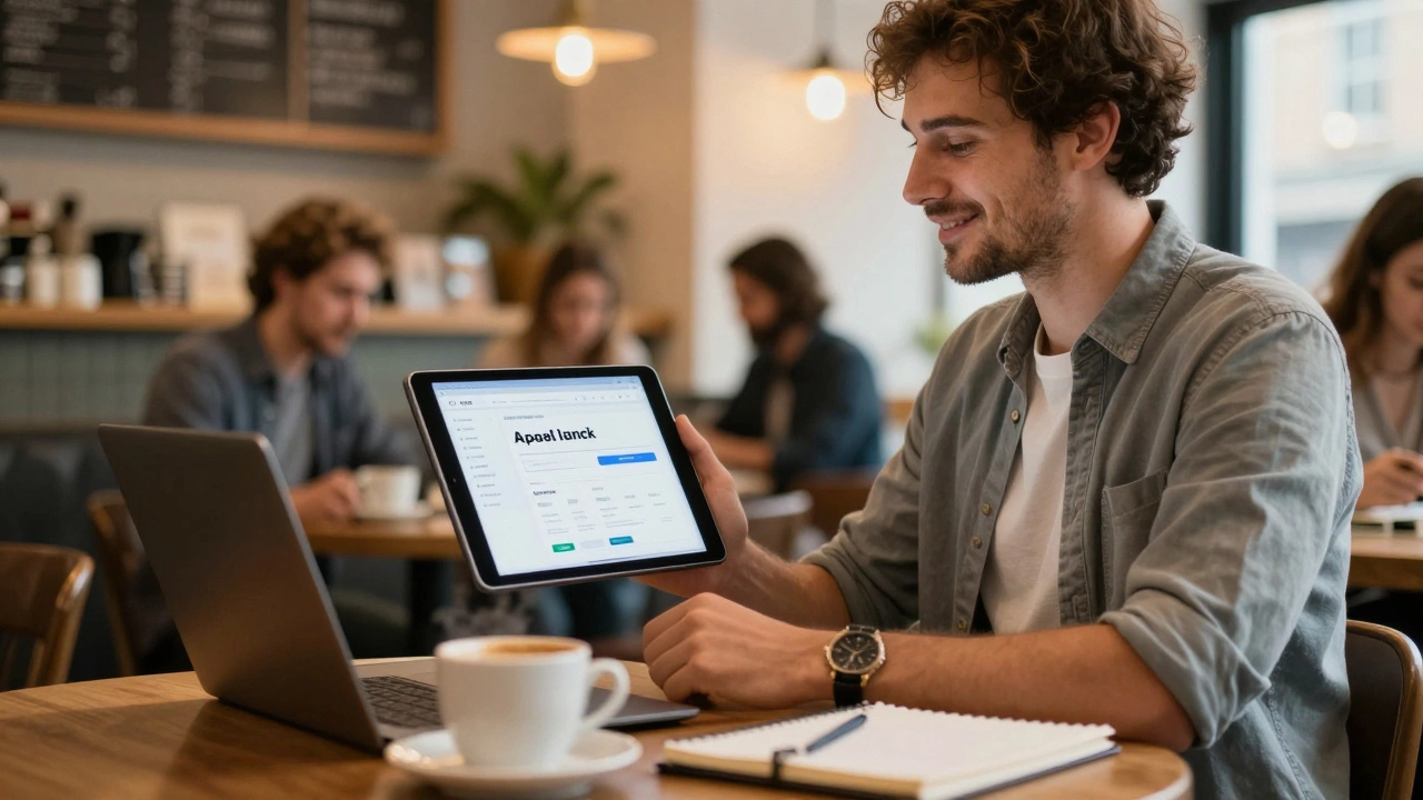 Freelancer working on tablet in a European cafe setting