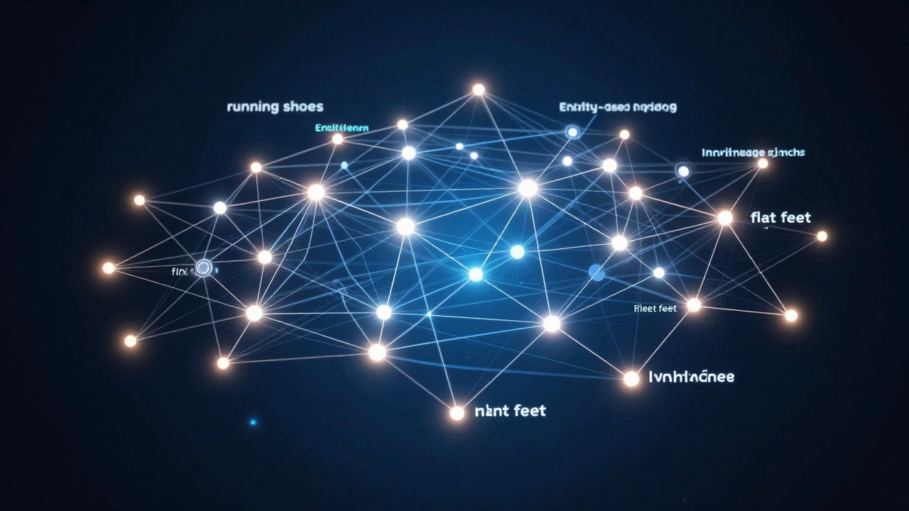 Glowing network diagram illustrating entity-based indexing and knowledge graphs