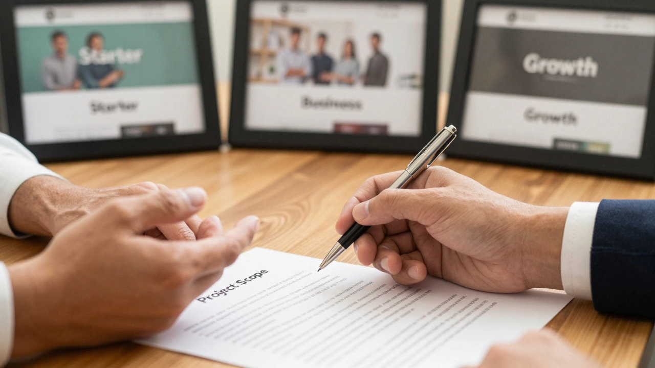 Hands negotiating a web design project scope with package options visible in background.