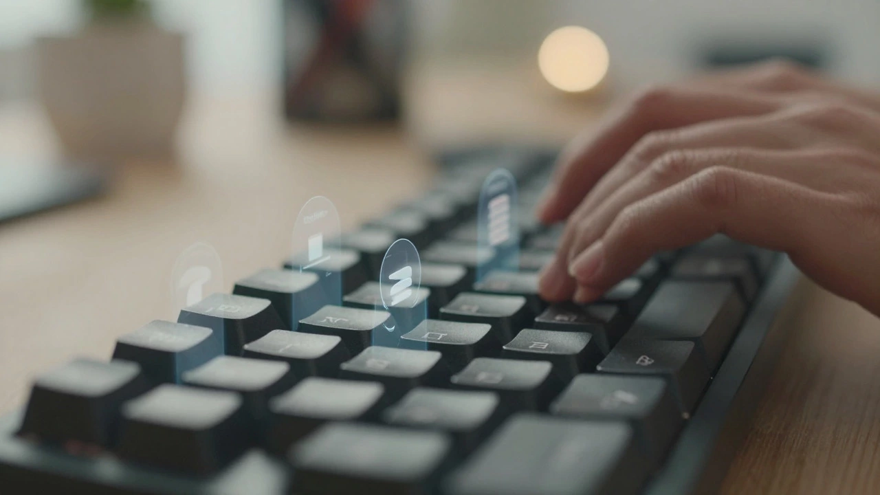 Hands typing with holographic keyboard shortcut overlays