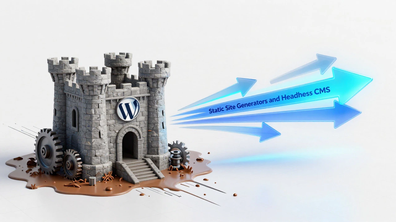 Heavy legacy system vs fast static site generator abstract comparison
