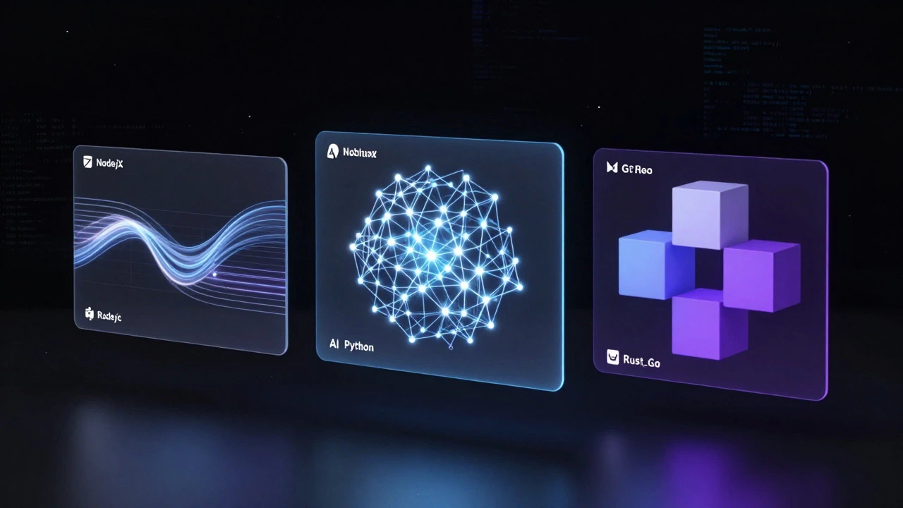 Holographic interfaces showing Node.js, Python, Go, and Rust