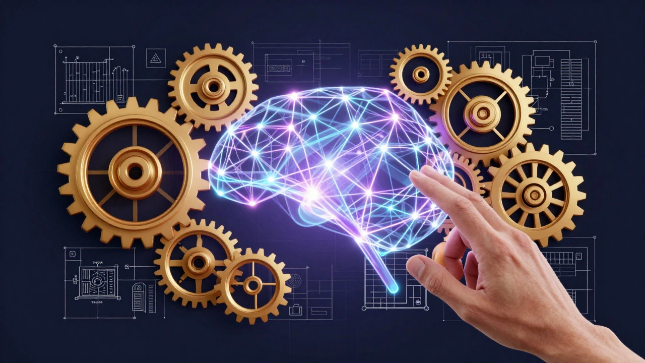 Human hand guiding AI neural network in abstract art