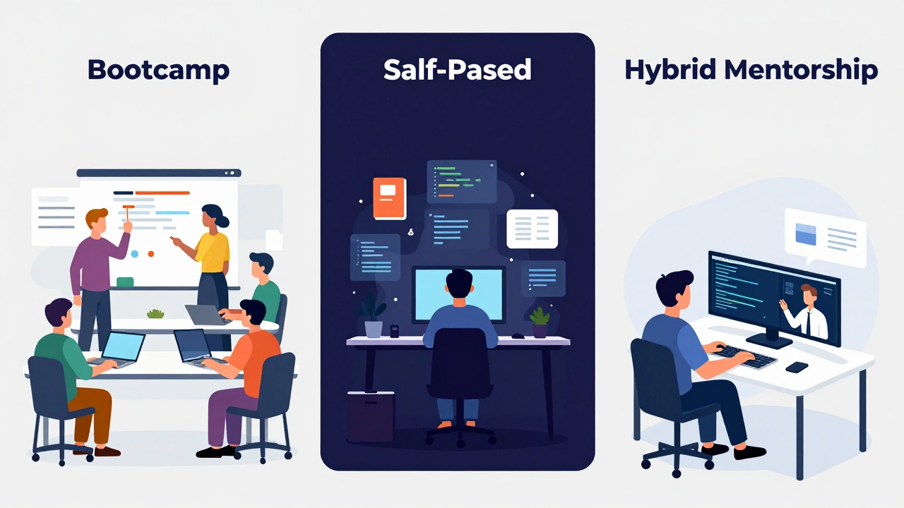 Illustration comparing bootcamp, self-paced, and hybrid learning paths