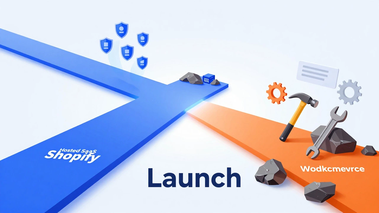 Illustration comparing easy vs complex e-commerce setup paths