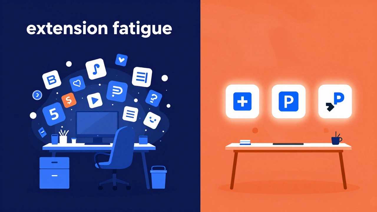 Illustration contrasting extension clutter with a minimal setup