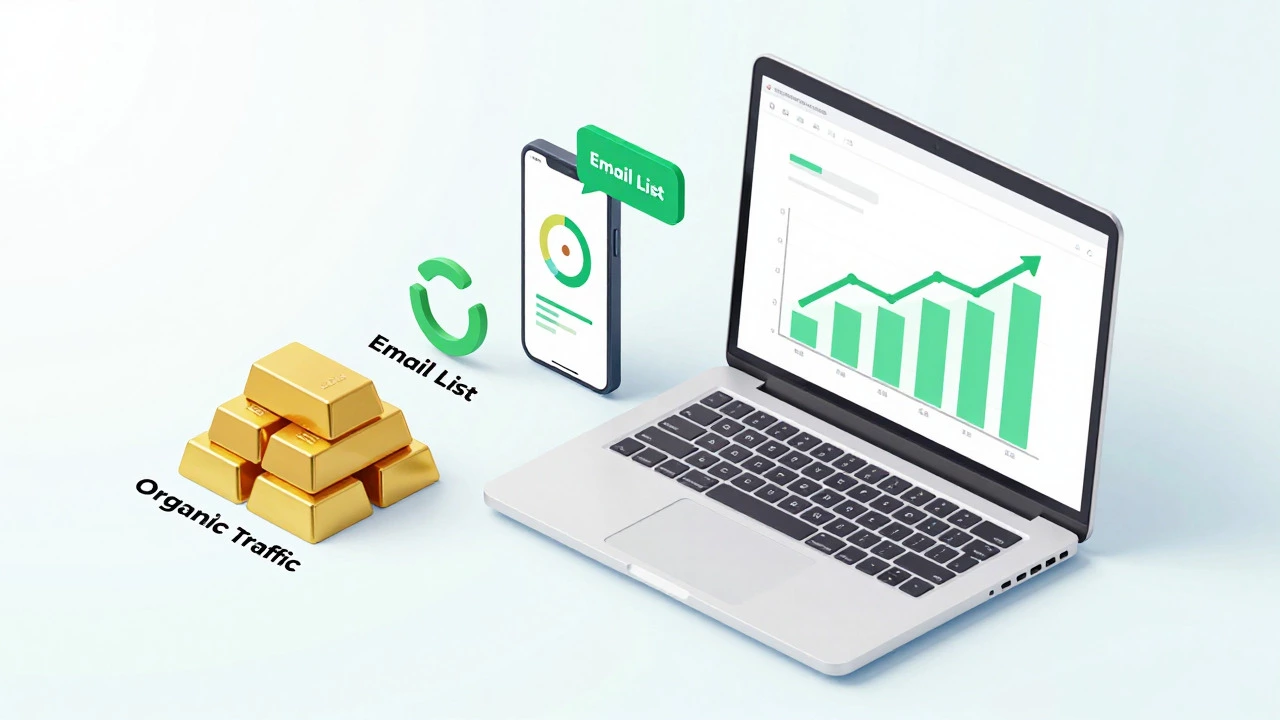 Isometric illustration of laptop, gold bars, and subscription icons